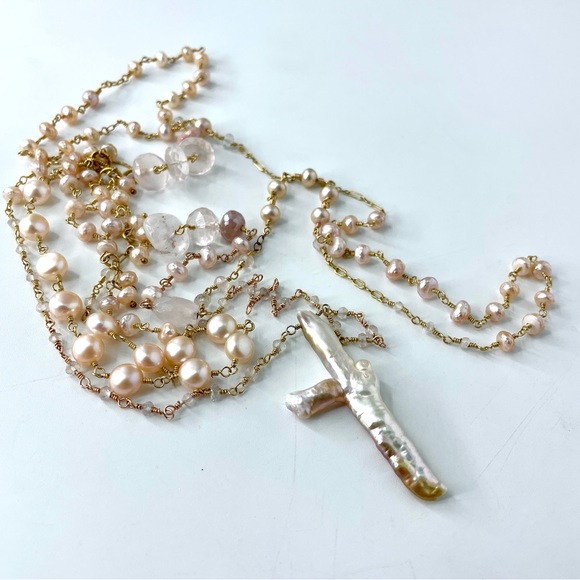 Blush Pink Gemstone 14k Gold Filled Multistrand Necklace, Baroque Pearl Cross - Picture 3 of 7